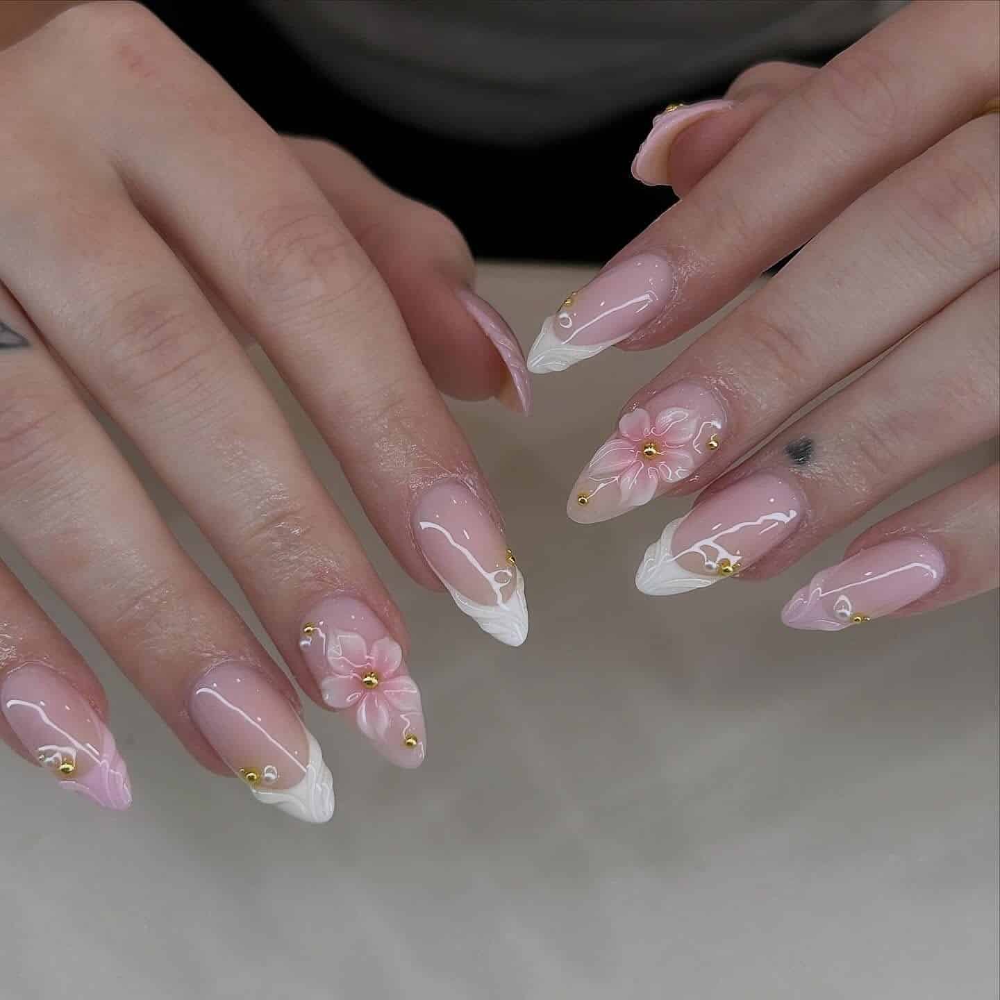 17. 3D Pink Flower White Swirl Almond Nails - pink and white nail ideas