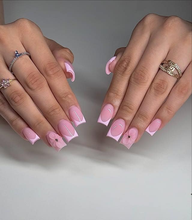 19. Pastel Pink French Tip Square Nails with Flowers - pink and white nail ideas