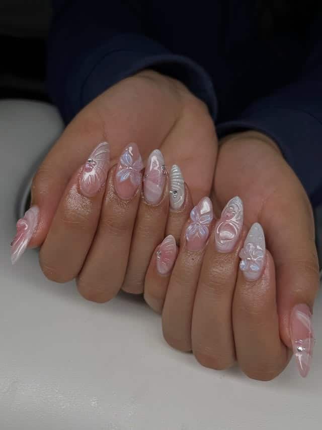 20. Icy Pink 3D Floral Almond Nails - pink and white nail ideas