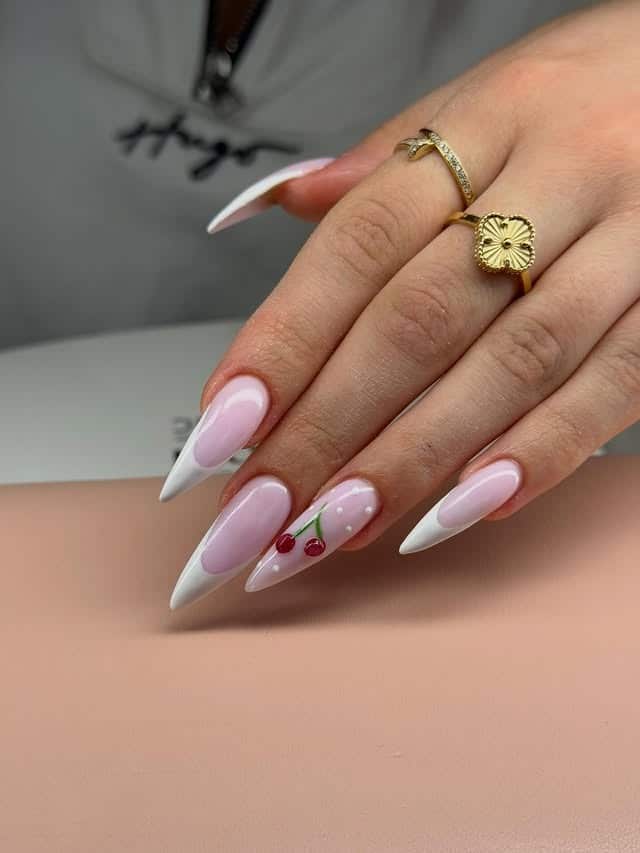 21. Cherry Accent Pink and White French Stiletto Nails - pink and white nail ideas