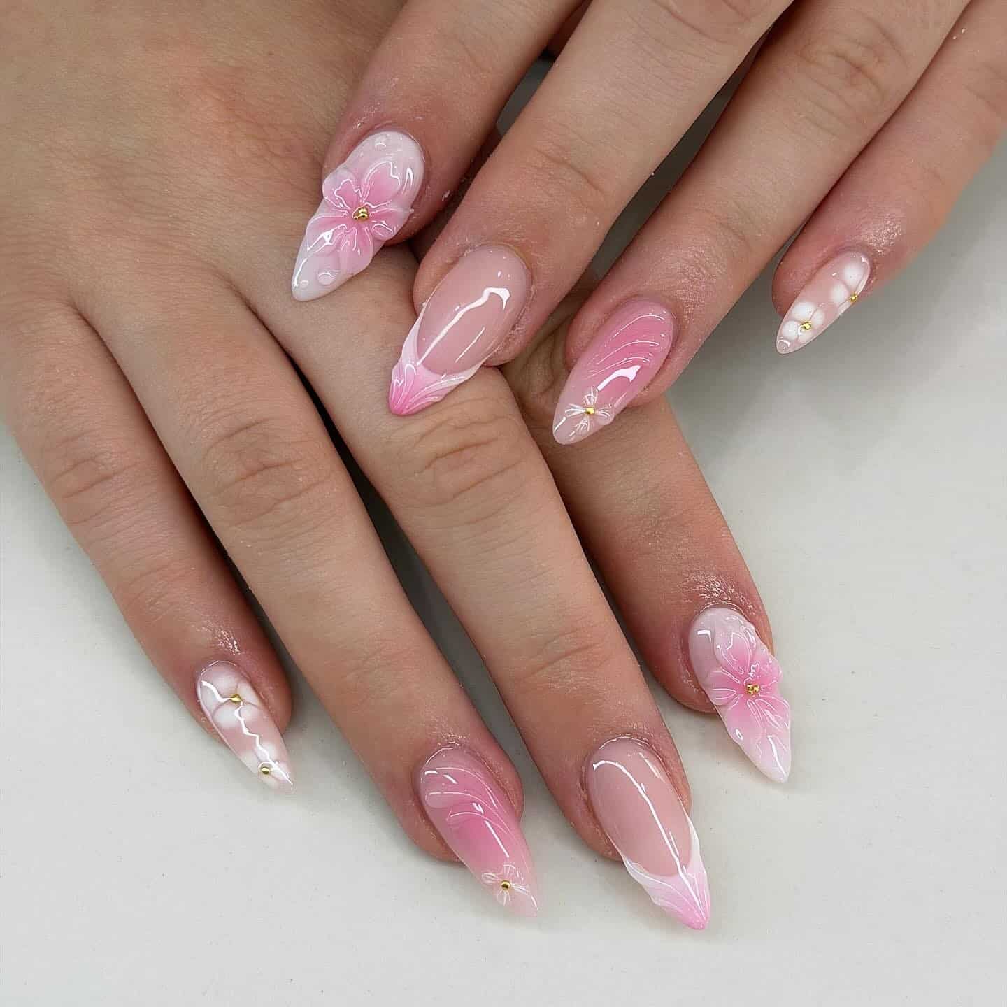 22. 3D Pink Floral Swirl Almond Nails - pink and white nail ideas