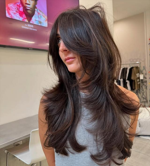 4. Extra Long Feathered Layers with Deep Brunette Hair - Extra Long Layers