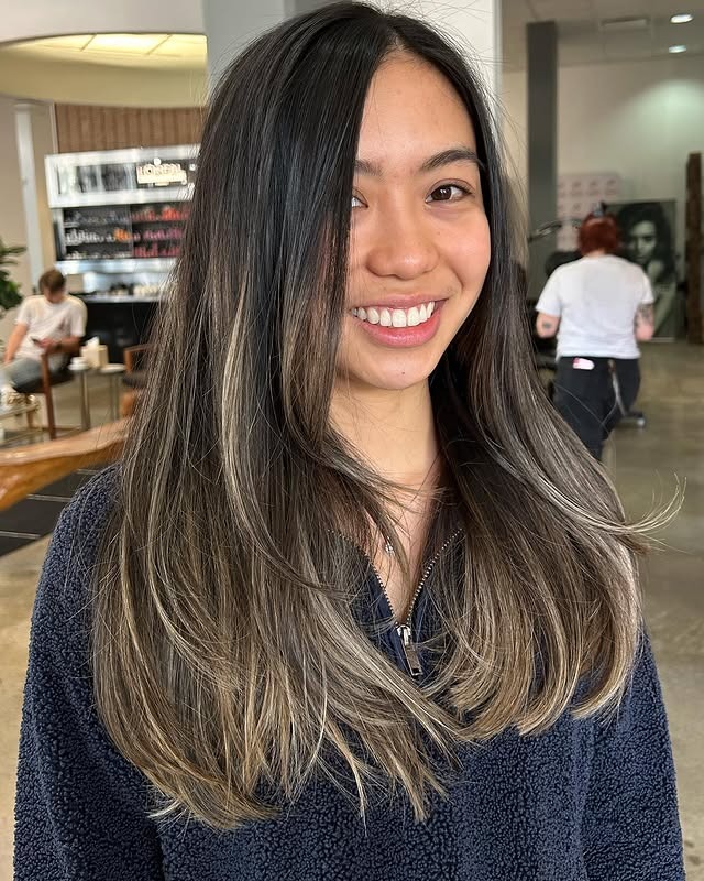 9. Extra Long Layered Cut with Smoky Mushroom Brown Balayage - Extra Long Layers