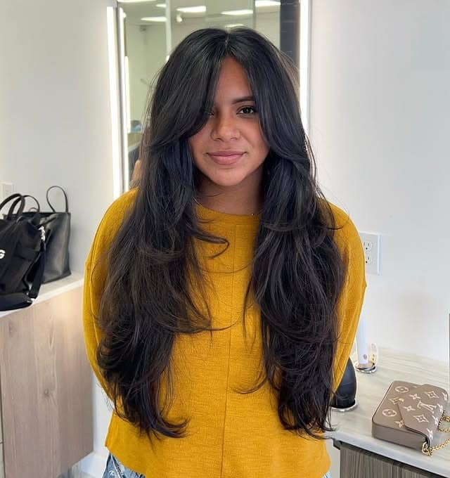 19. Extra Long Face-Framing Layers with Jet Black Hair - Extra Long Layers