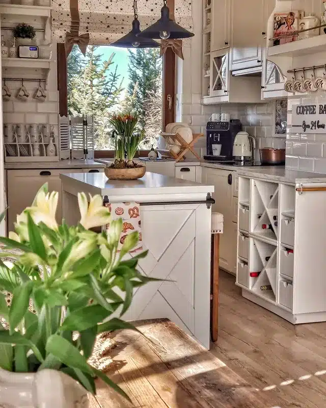 5. Farmhouse White and Natural Wood Kitchen Idea - cozy kitchen ideas