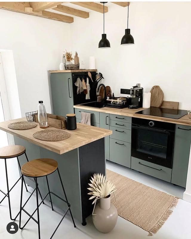 17. Sage Green and Black Modern Rustic Kitchen Idea - cozy kitchen ideas