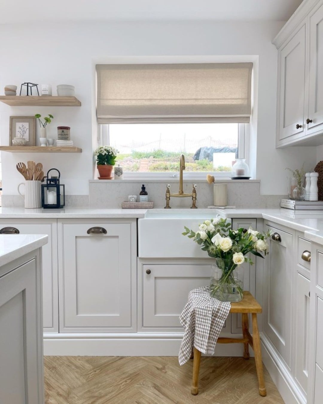 19. Soft Gray and Brass Cottage Kitchen Idea - cozy kitchen ideas
