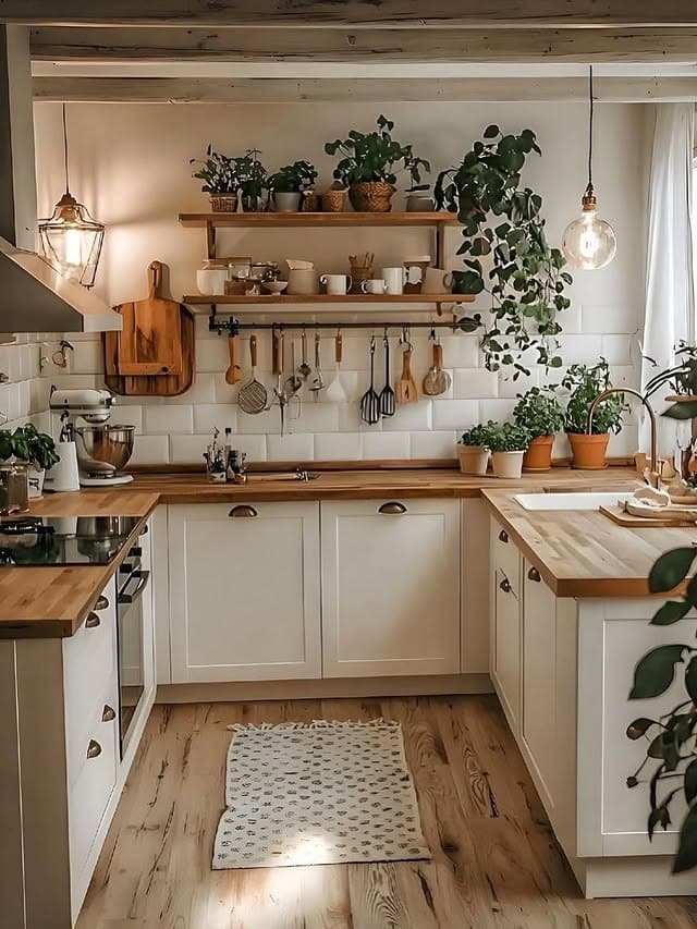22. Warm White and Natural Wood Botanical Kitchen Idea - cozy kitchen ideas