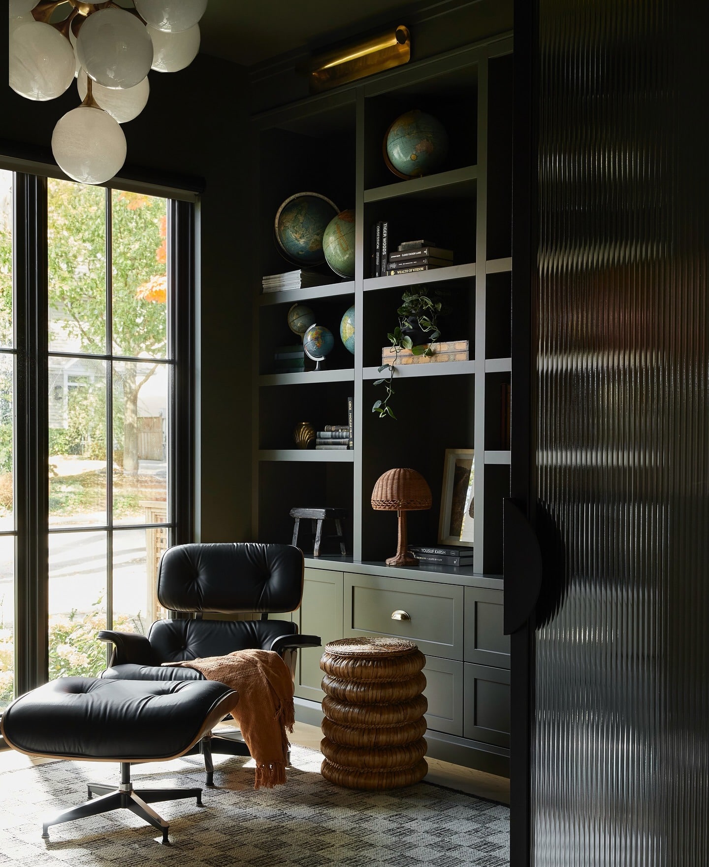 1. Dark Green Built-In Library Office with Black Accents - dark green office ideas