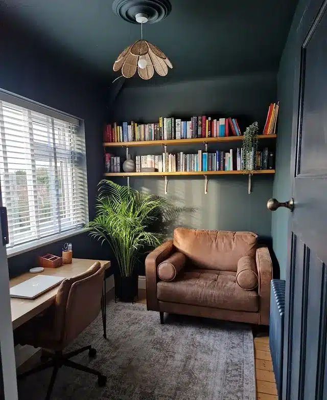 3. Dark Green Reading Nook Office with Leather Seating - dark green office ideas