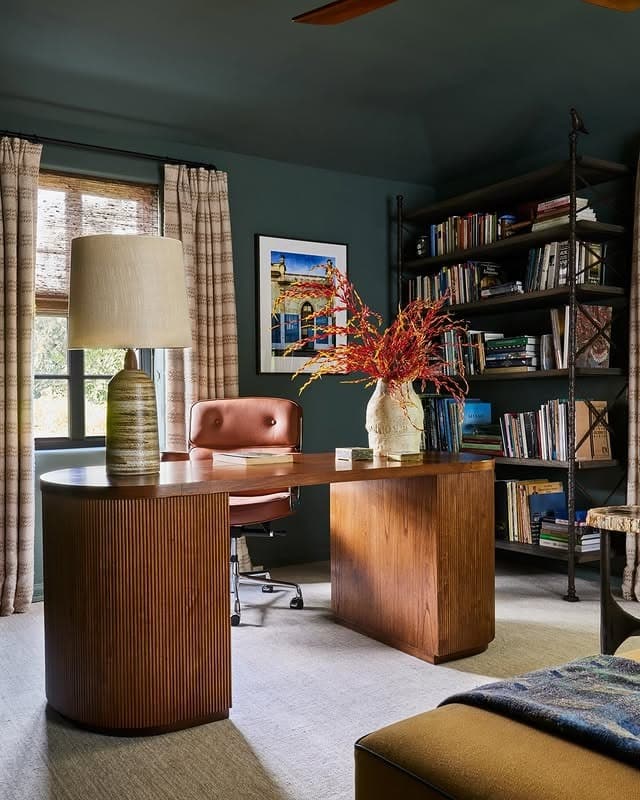 4. Dark Green Home Office with Sculptural Wood Desk - dark green office ideas