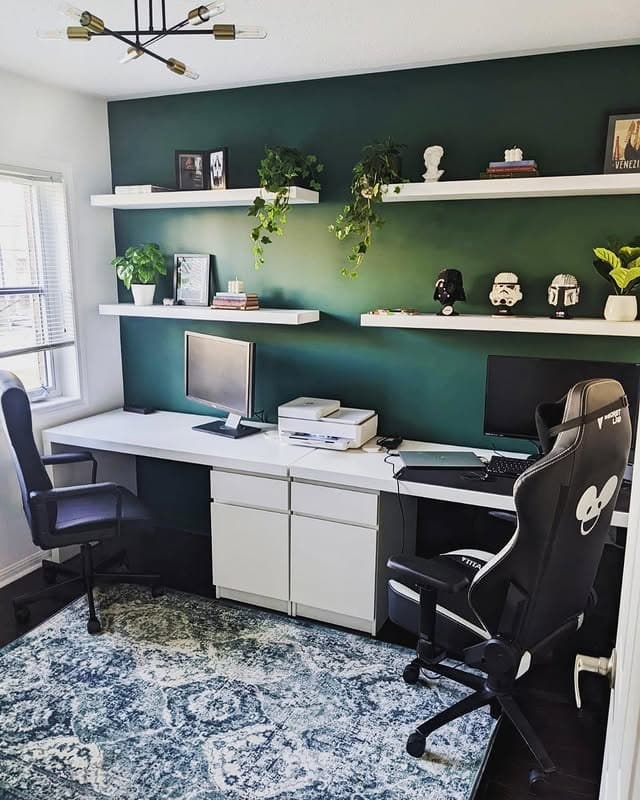 6. Dark Green Accent Wall Office with Floating Shelves - dark green office ideas