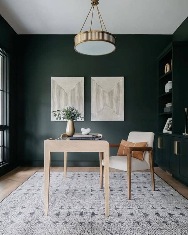 7. Elegant Dark Green Office with Light Wood Furnishings - dark green office ideas