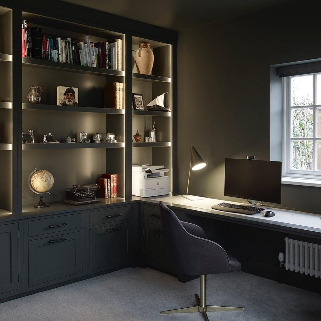 8. Dark Green Built-In Office with Integrated Lighting - dark green office ideas