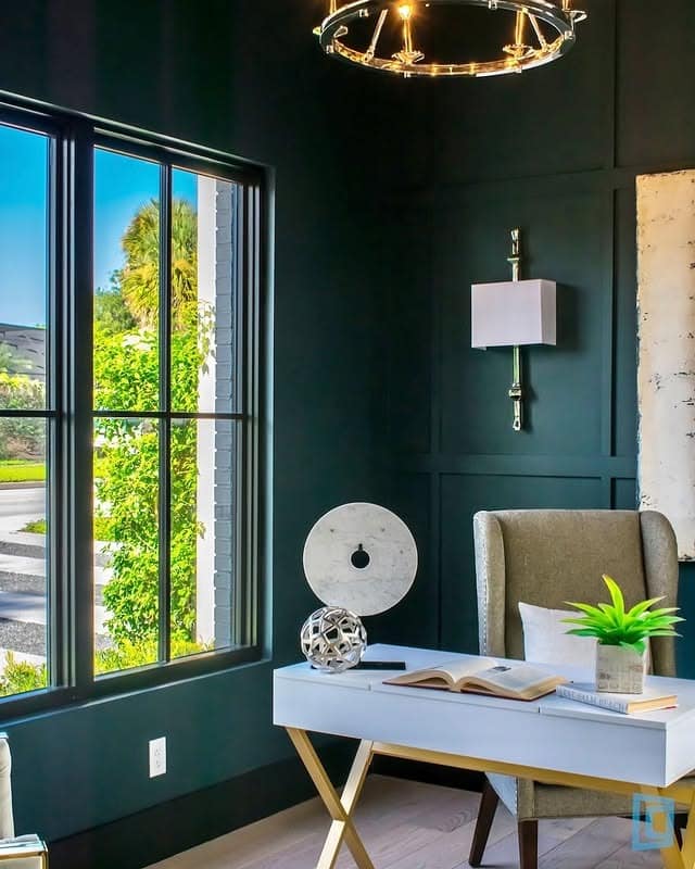 10. Dark Green Executive Office with Wall Paneling - dark green office ideas