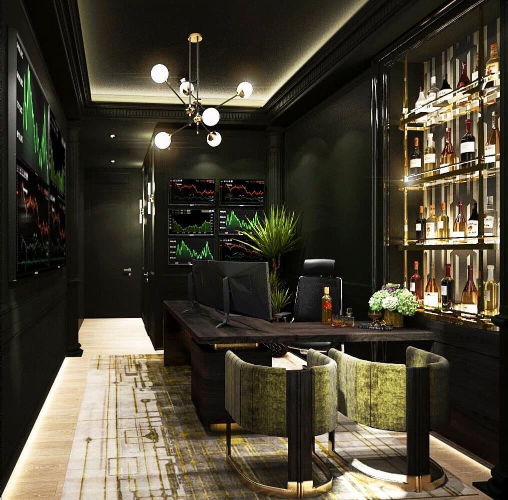11. Dark Green Executive Office with Luxury Display Cabinet - dark green office ideas