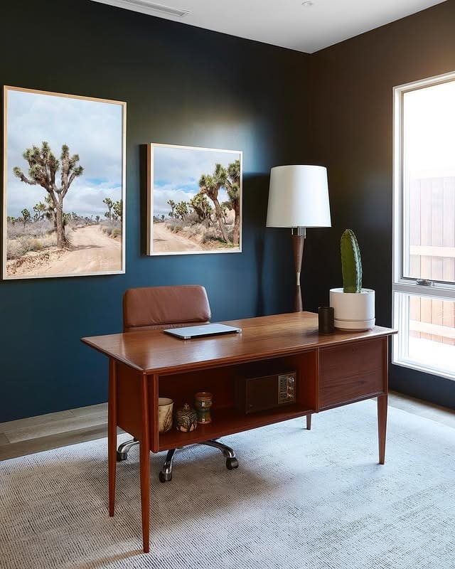 12. Dark Green Mid-Century Office with Walnut Furniture - dark green office ideas