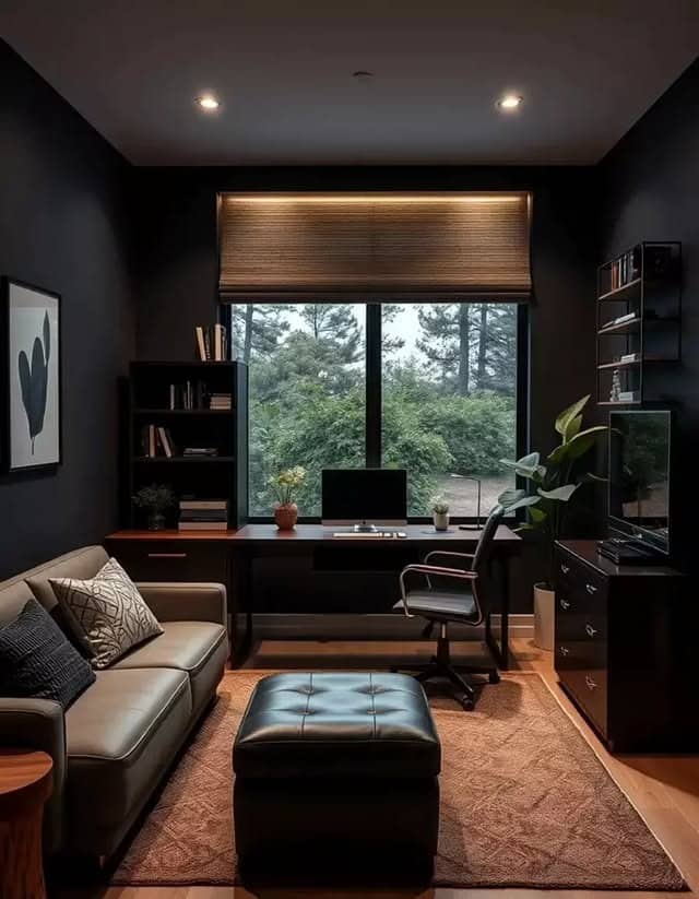 13. Dark Green Compact Office with Contemporary Lounge Area - dark green office ideas
