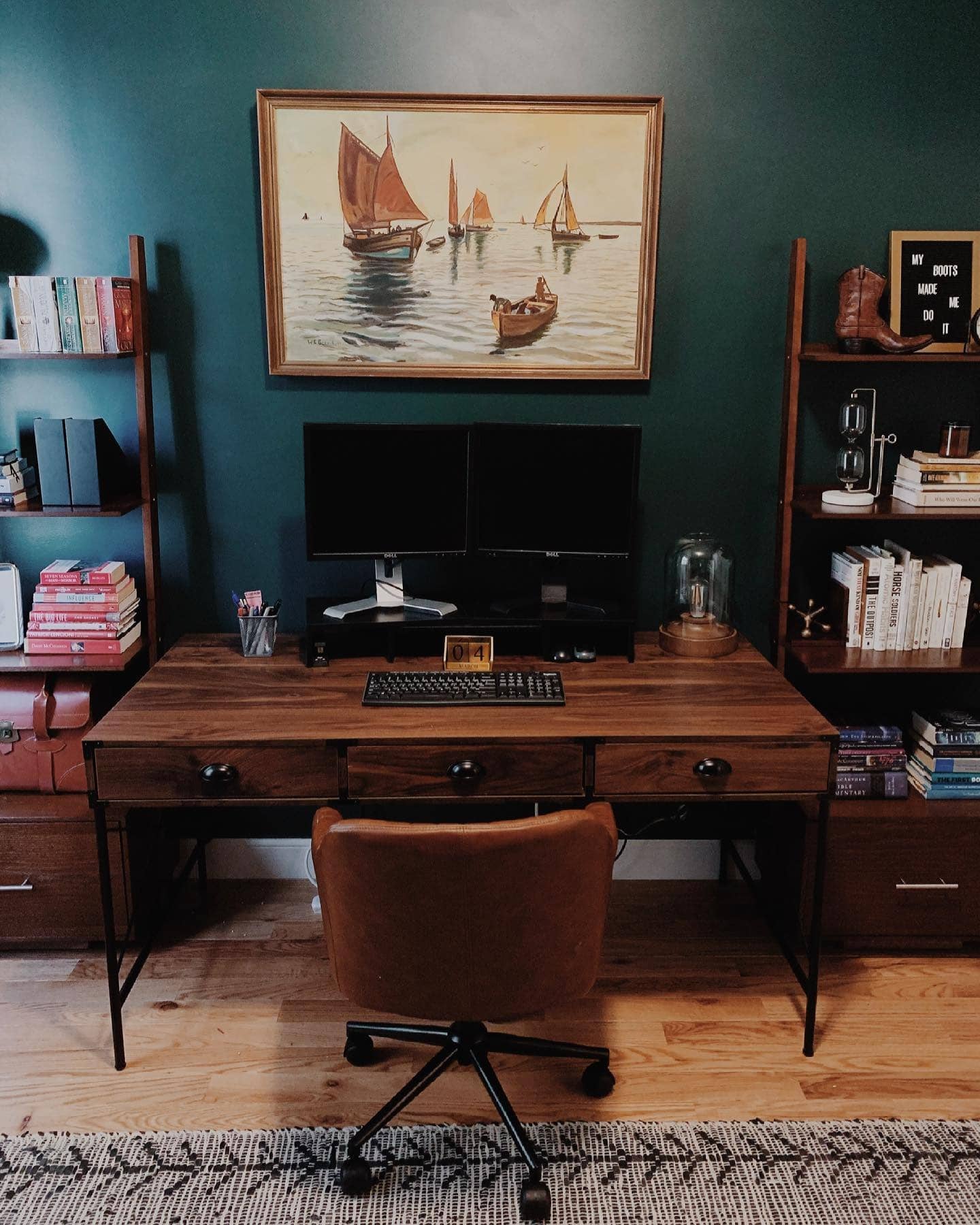 14. Dark Green Home Office with Rustic Wood Desk - dark green office ideas