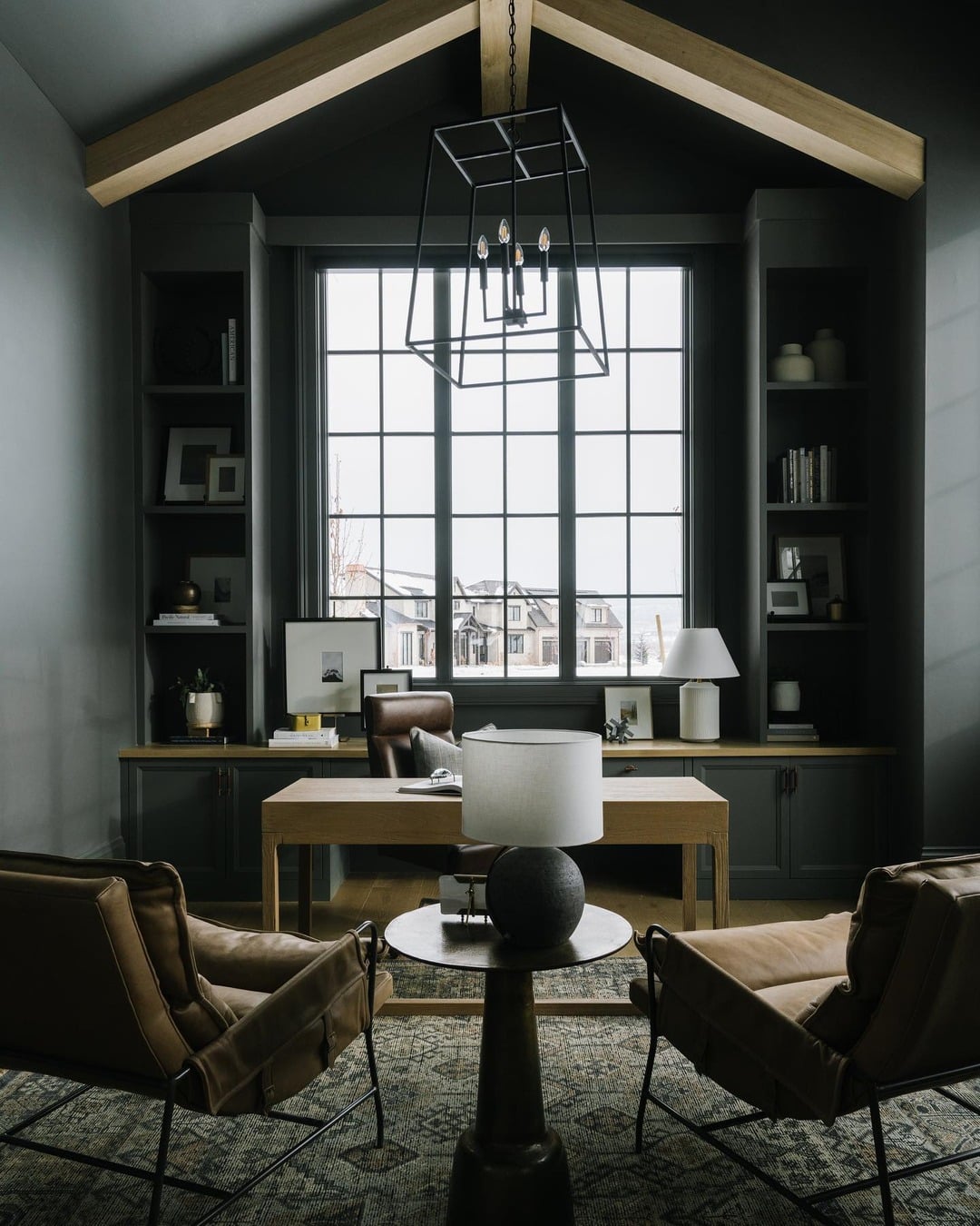 15. Dark Green Vaulted Office with Custom Built-Ins - dark green office ideas