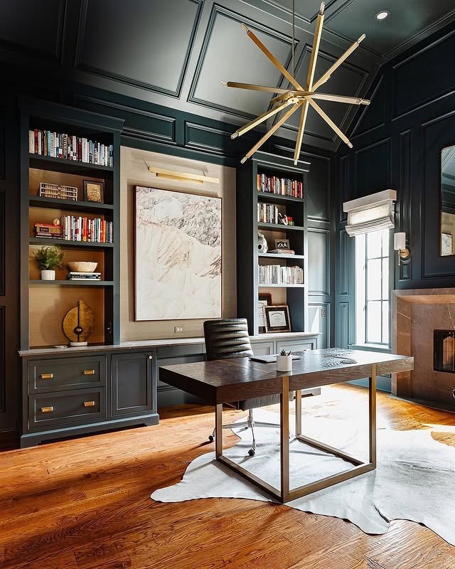 16. Dark Green Paneled Office with Statement Chandelier - dark green office ideas