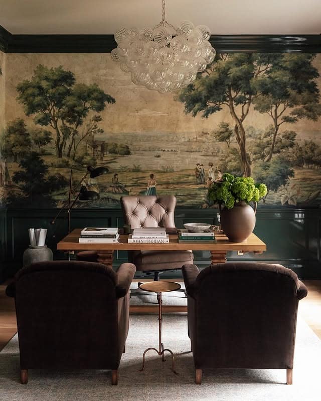 17. Dark Green Office with Scenic Wall Mural - dark green office ideas