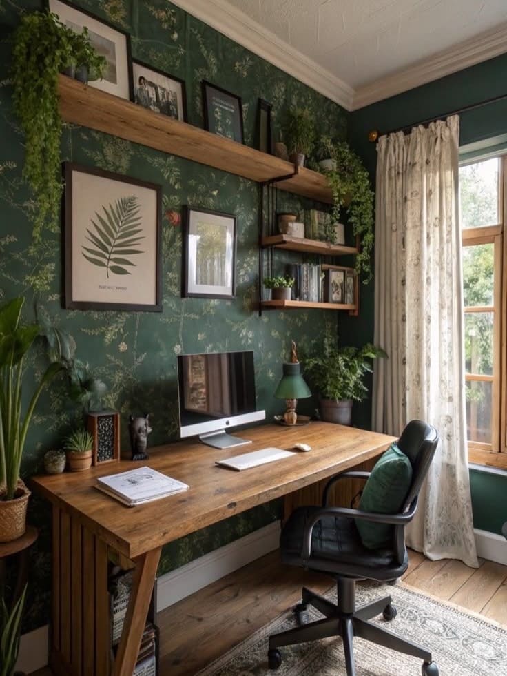 18. Dark Green Botanical Office with Nature-Inspired Wallpaper - dark green office ideas