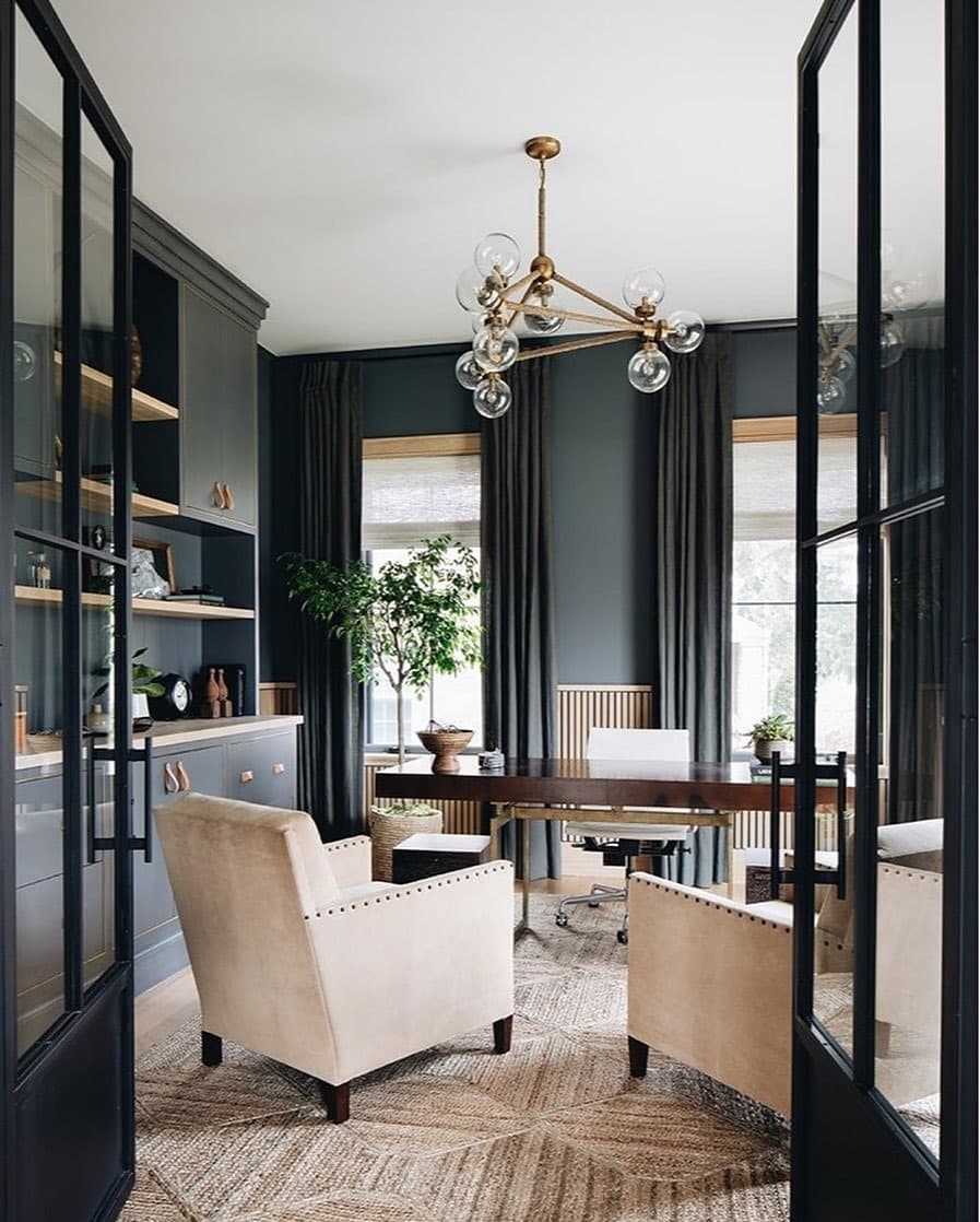 19. Dark Green Glass-Enclosed Office with Modern Classic Style - dark green office ideas