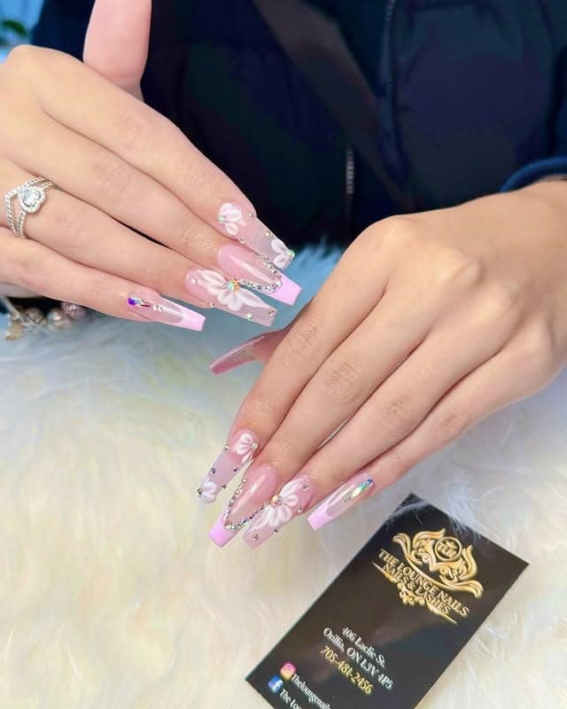 1. Pink Floral Rhinestone Coffin Nails - pretty nail ideas