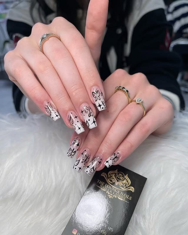 2. Black and White Butterfly Square Nails - pretty nail ideas