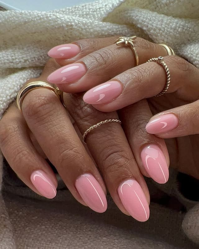 3. Glossy Baby Pink Almond Nails - pretty nail ideas