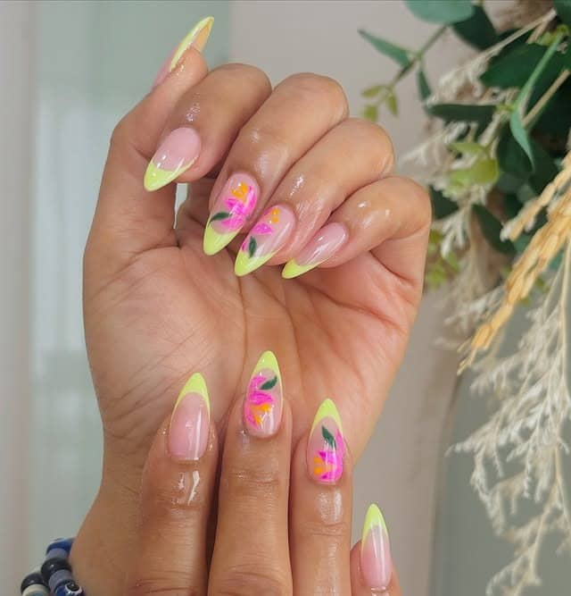 4. Lime Green Floral French Tip Nails - pretty nail ideas