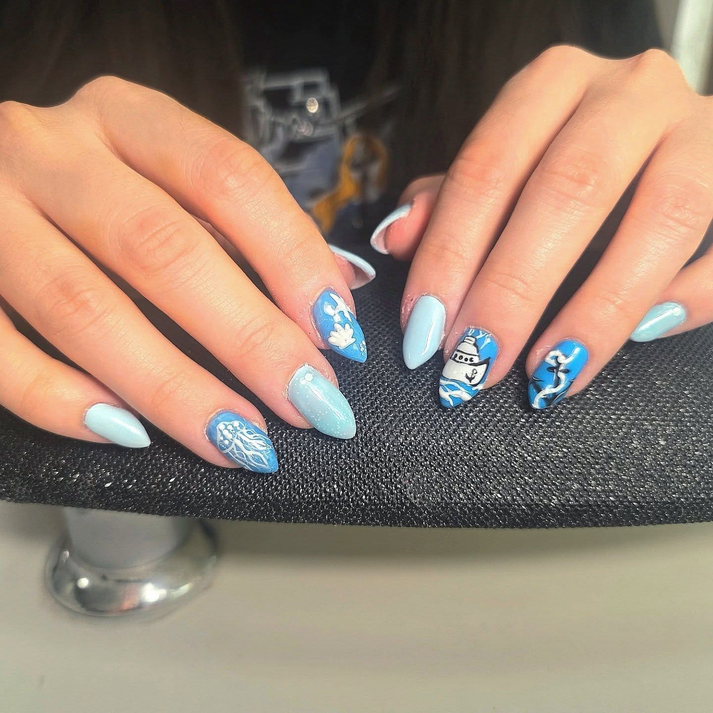 5. Ocean Blue Coastal Almond Nails - pretty nail ideas