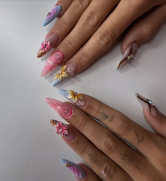 8. Pastel 3D Floral Stiletto Nails - pretty nail ideas