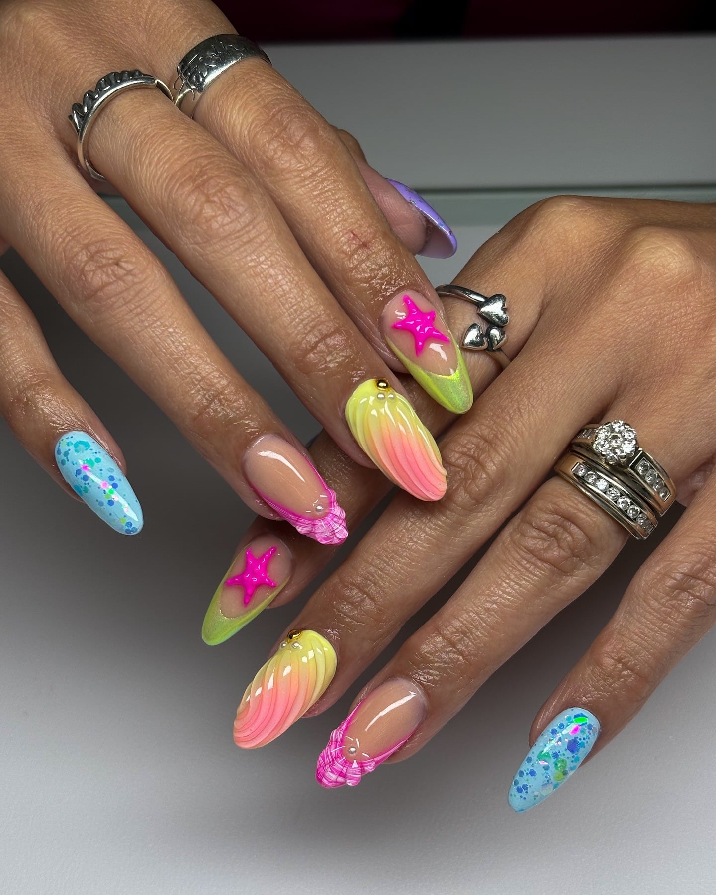 9. Neon Seashell Summer Almond Nails - pretty nail ideas