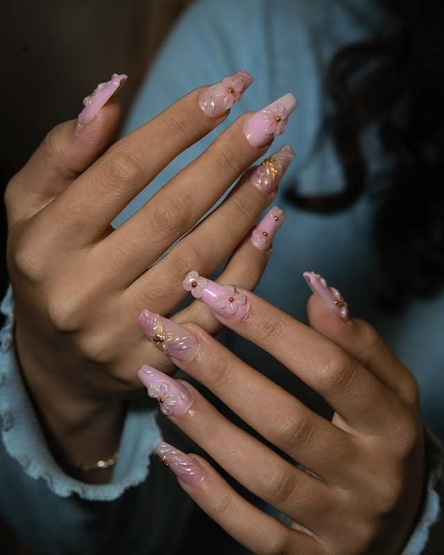 11. Blush Pink 3D Floral Coffin Nails - pretty nail ideas