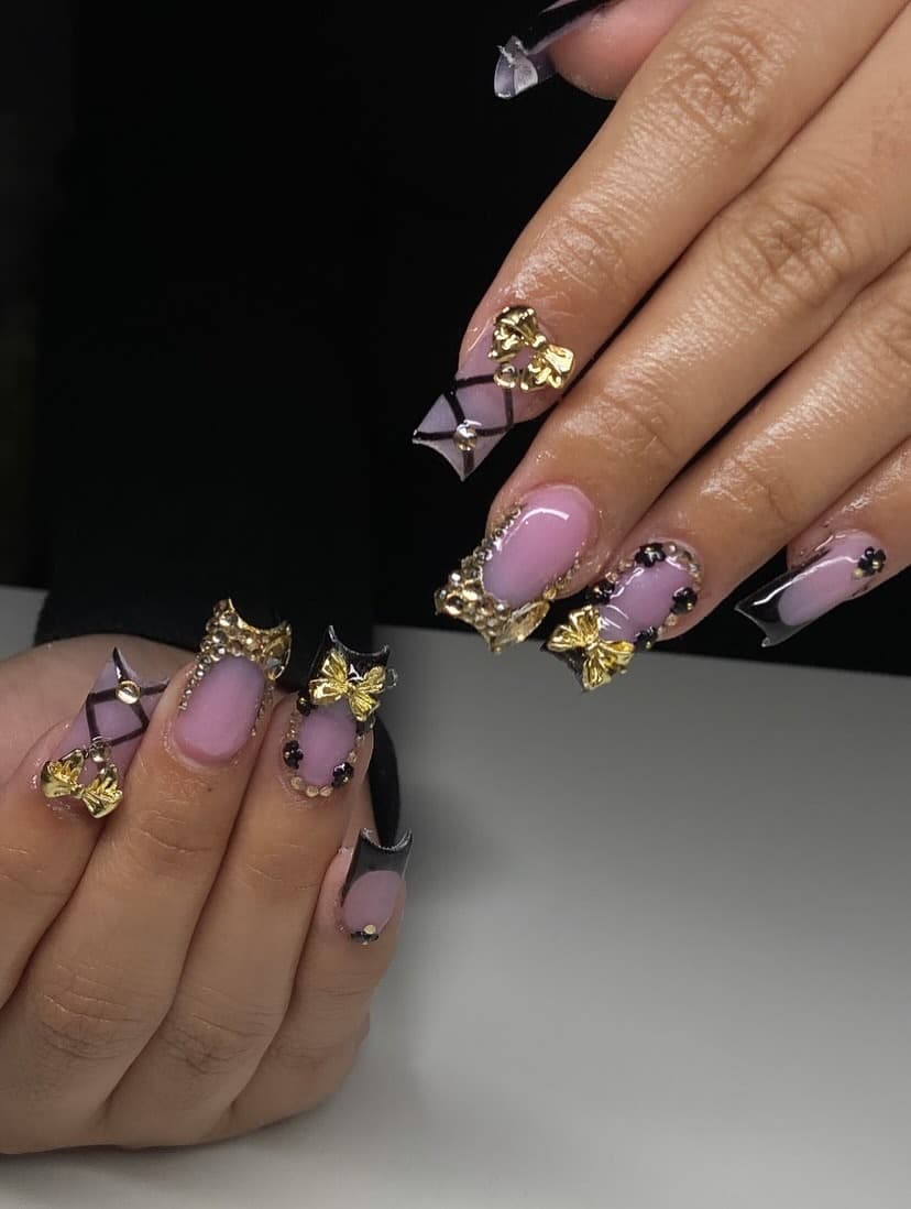 12. Black French Bow Coffin Nails with Gold Charms - pretty nail ideas