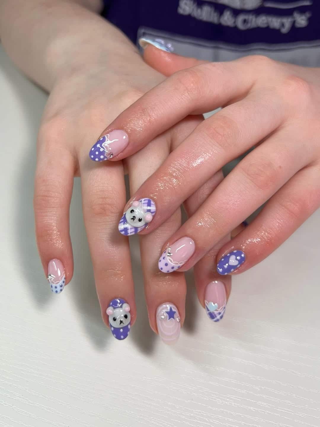 15. Lavender Teddy Bear Almond Nails - pretty nail ideas