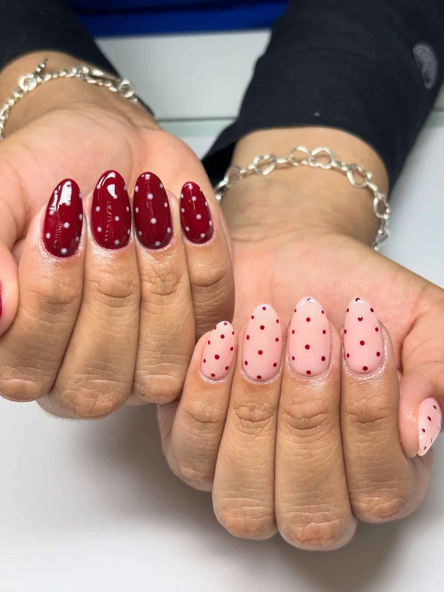 16. Burgundy Polka Dot Almond Nails - pretty nail ideas