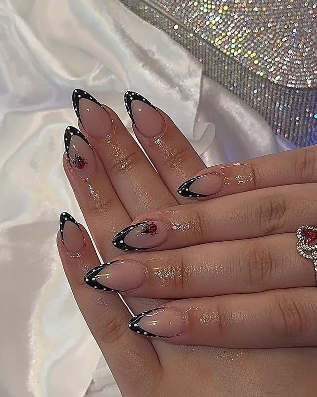 19. Black French Tip Ladybug Almond Nails - pretty nail ideas