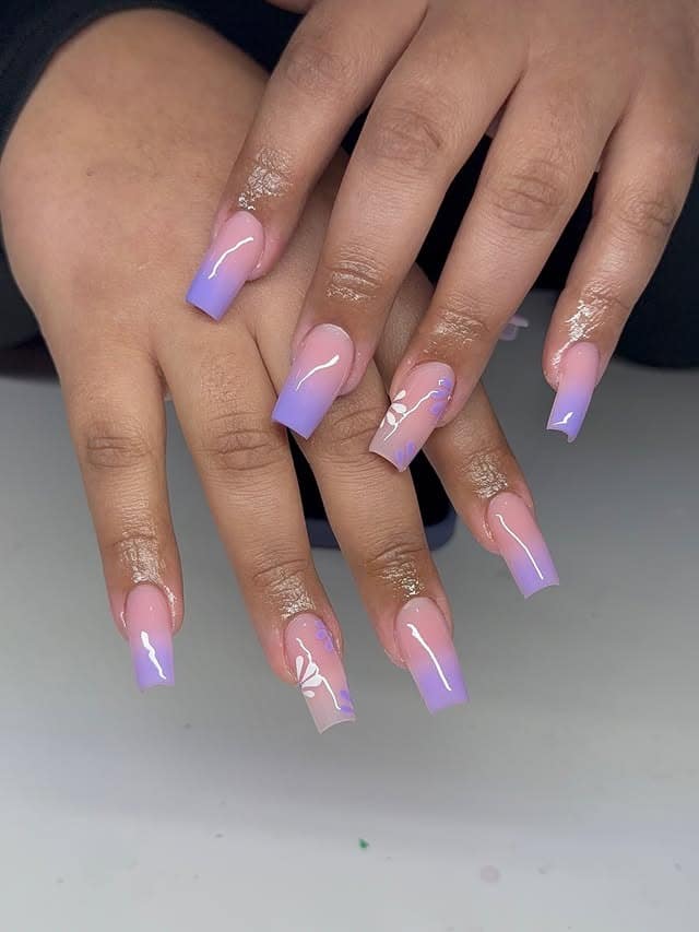 20. Lavender Ombre Square Nails with Butterfly Art - pretty nail ideas