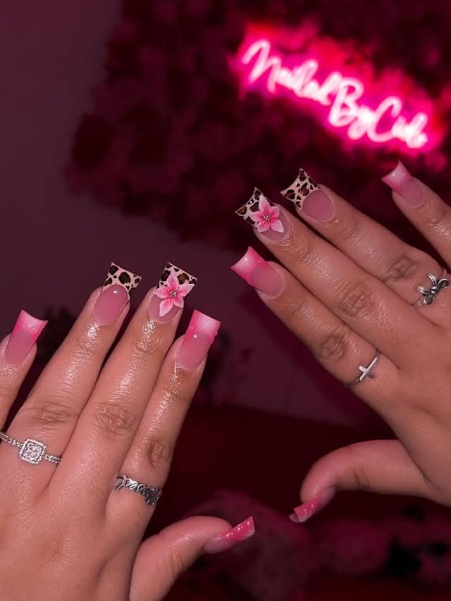 21. Pink Leopard French Tip Square Nails with 3D Flowers - pretty nail ideas