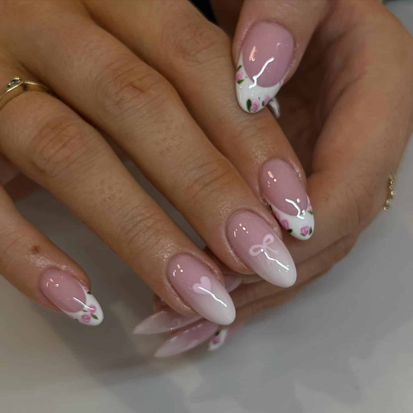 22. Soft Pink Floral French Almond Nails - pretty nail ideas