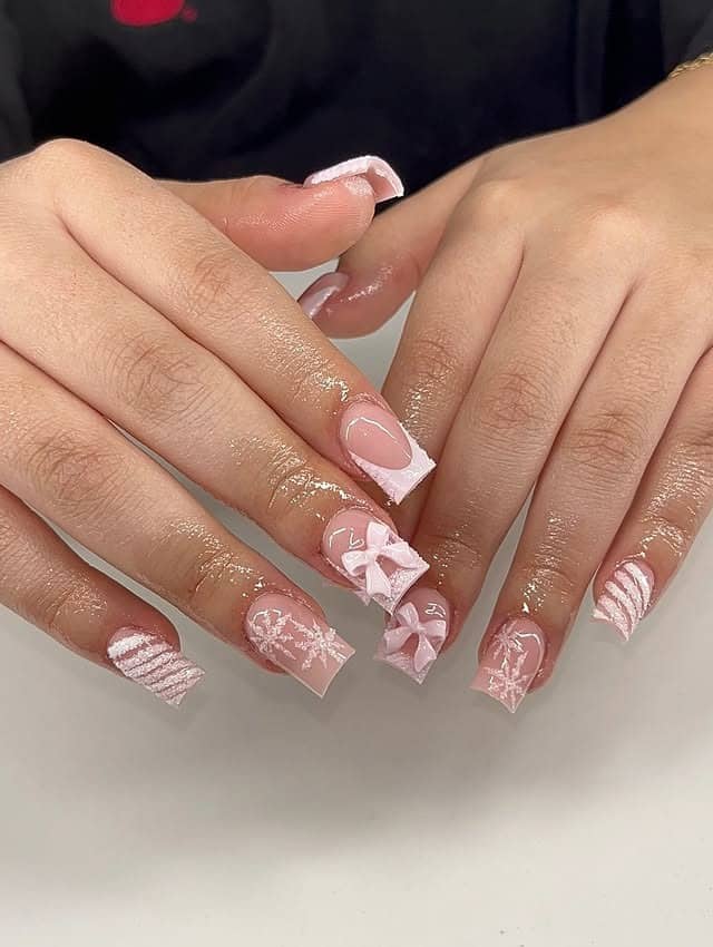 2. Baby Pink 3D Bow Square Nails - square nail ideas