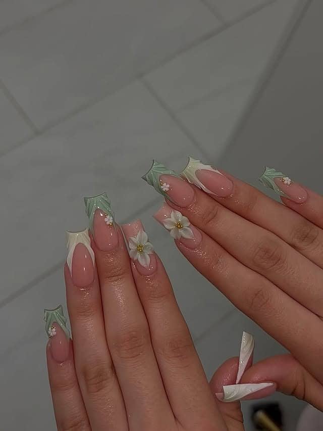 4. Sage Green Floral Square French Nails - square nail ideas