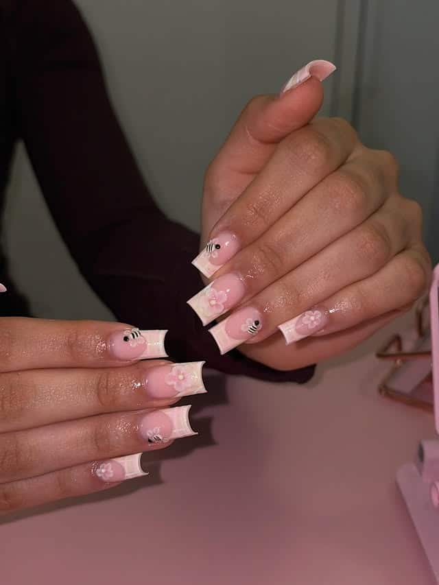 6. Pastel Pink Bee Accent Square Nails - square nail ideas