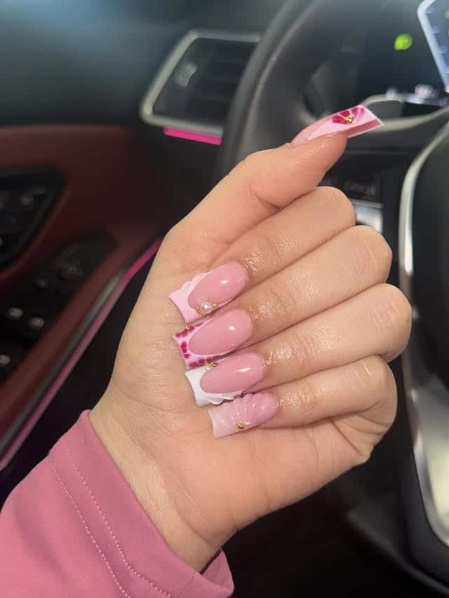 7. Pink Ombre Floral Square Nails with Gold Accents - square nail ideas