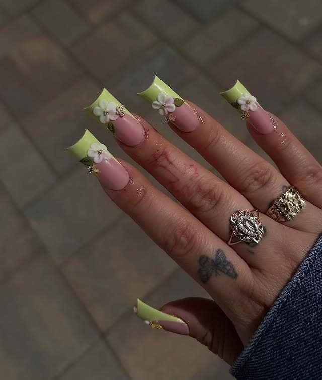8. Lime Green Flower Square French Nails - square nail ideas