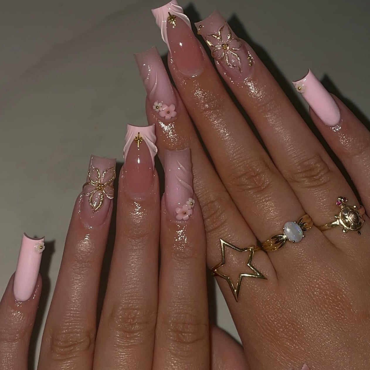9. Blush Pink 3D Floral Square Nails - square nail ideas