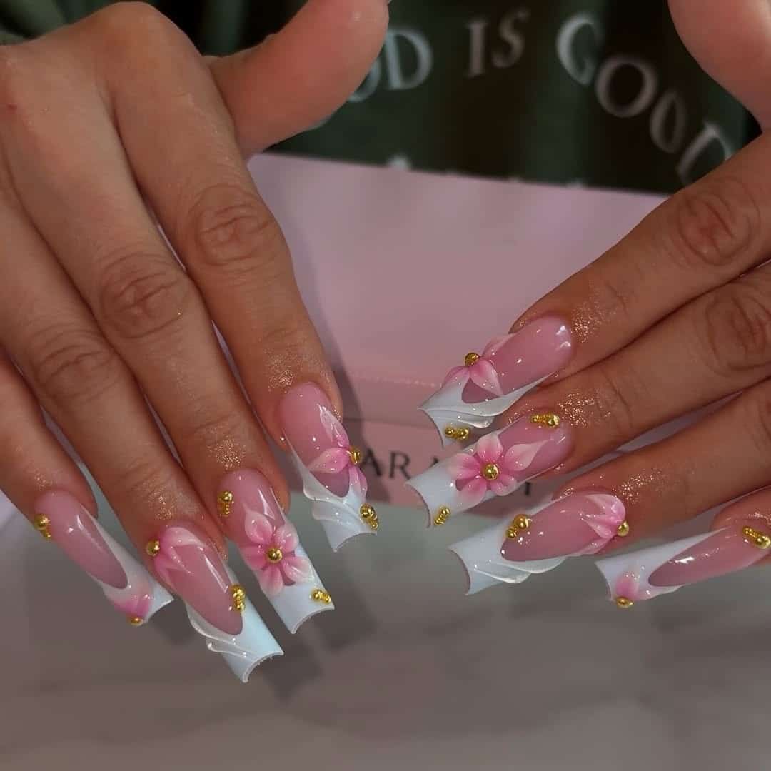 10. Pink and White 3D Flower Square Nails - square nail ideas